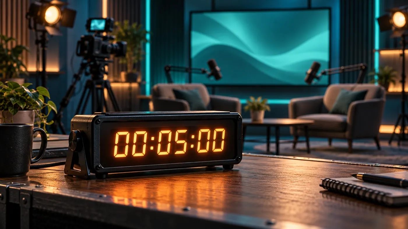 Temporizador de cinco minutos ante un estudio de directo preparado para emitir