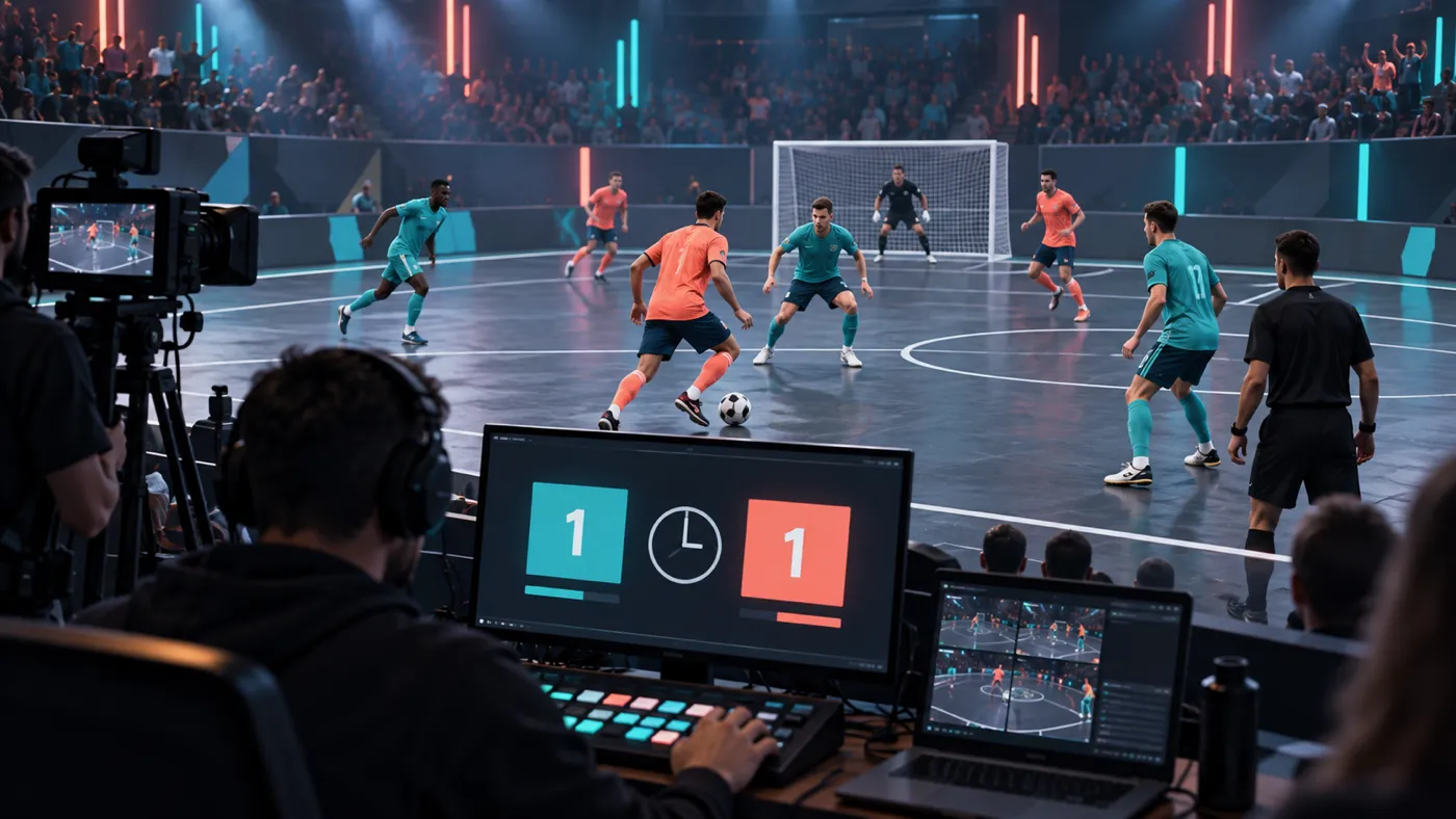 Match de football en salle vu depuis une régie avec un tableau de score à 1-1