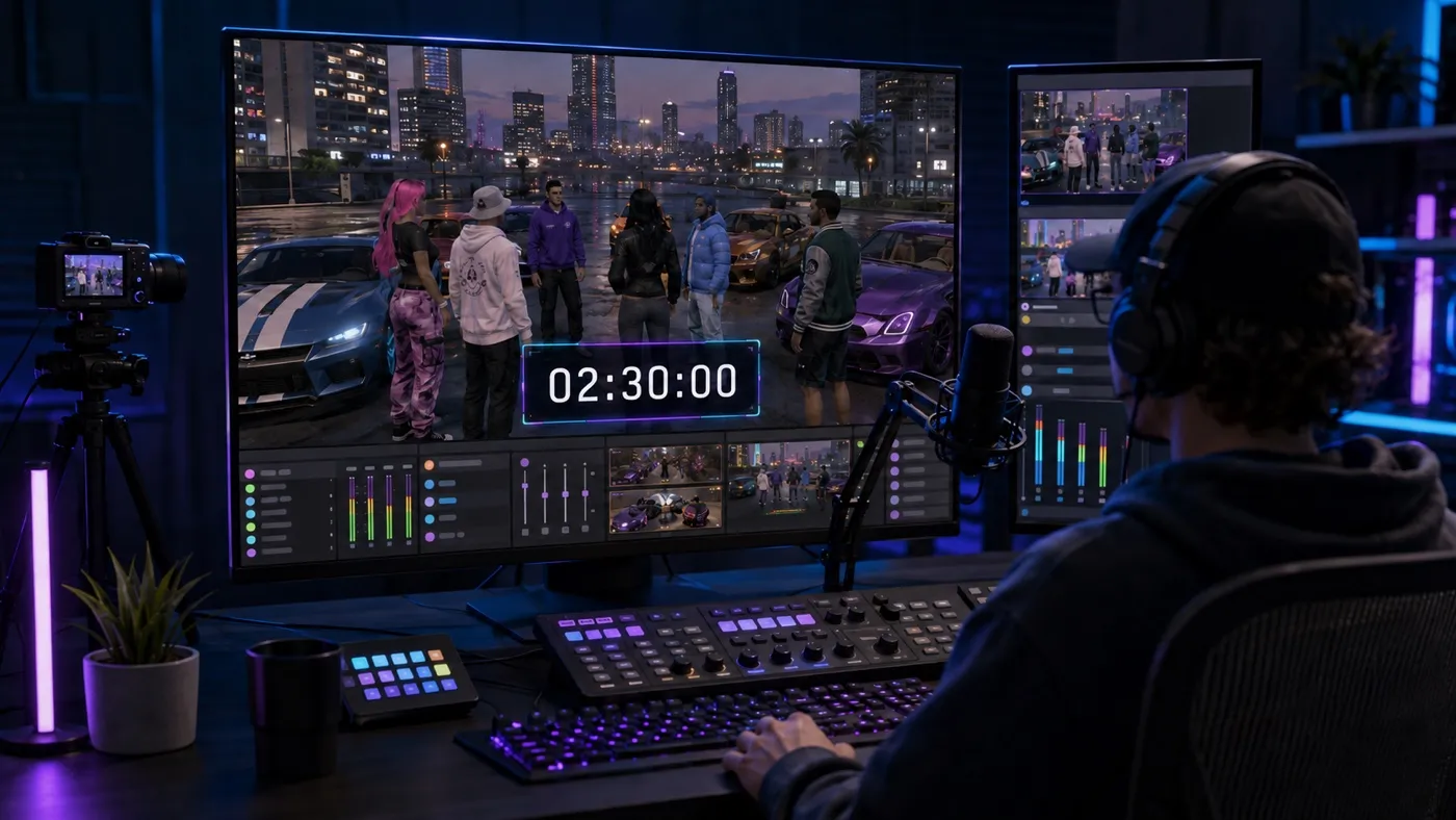 Streamer produciendo una emisión de rol urbano con una cuenta atrás de dos horas y media en pantalla