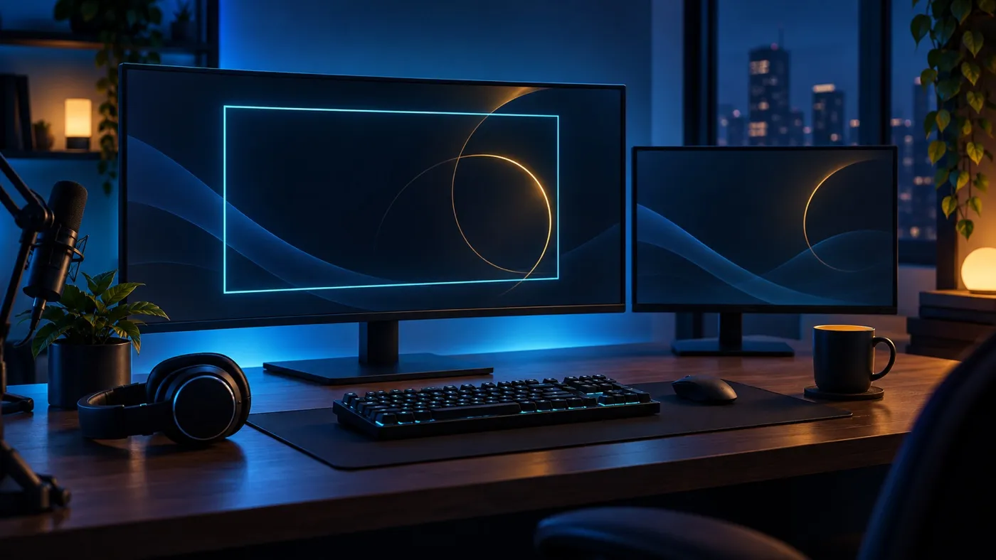 Bureau de streaming avec deux écrans et un cadre lumineux pour un overlay