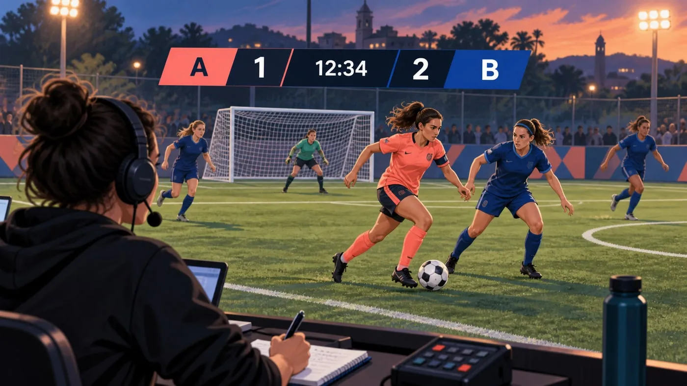 Illustration of women’s football with a two-team scoreboard and a clock
