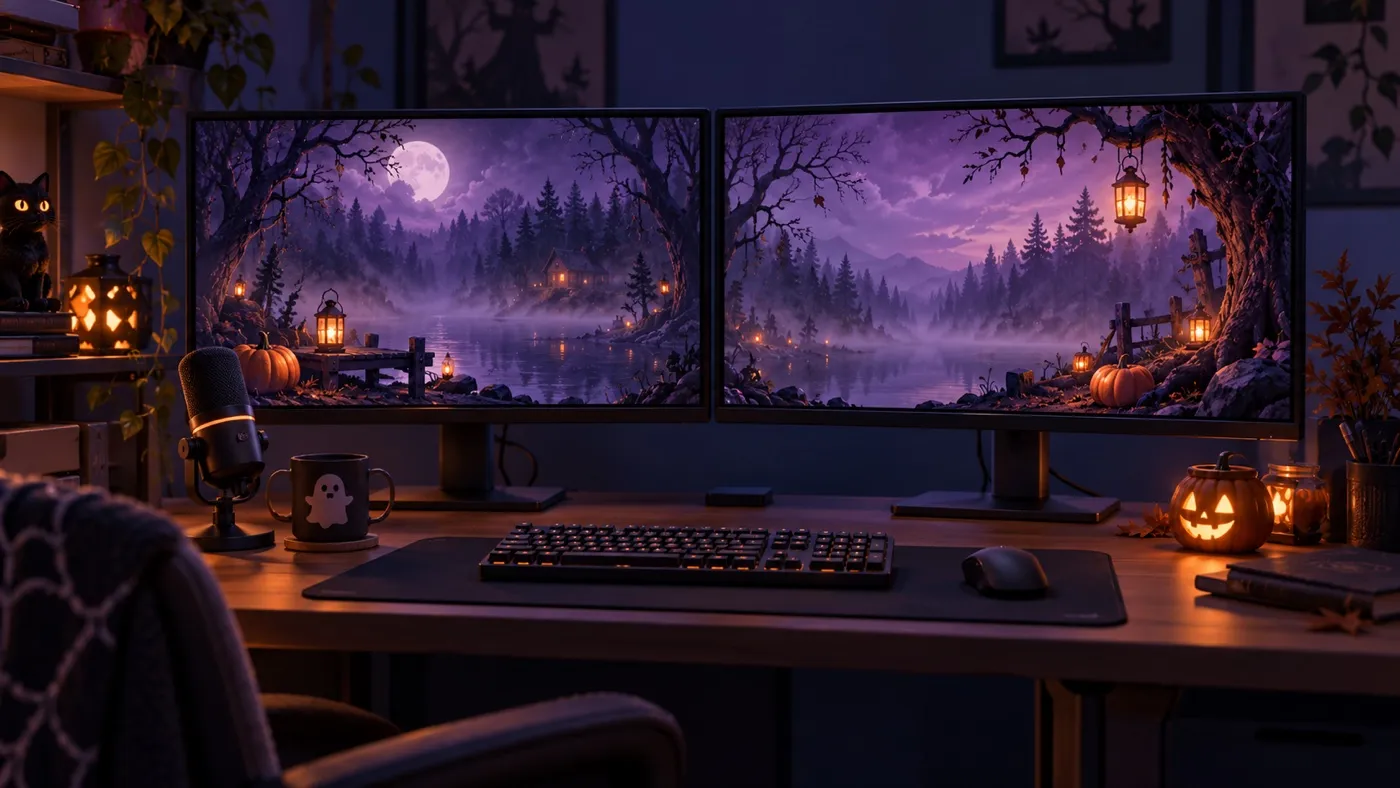 Streaming desk with two nighttime forest screens and Halloween decorations