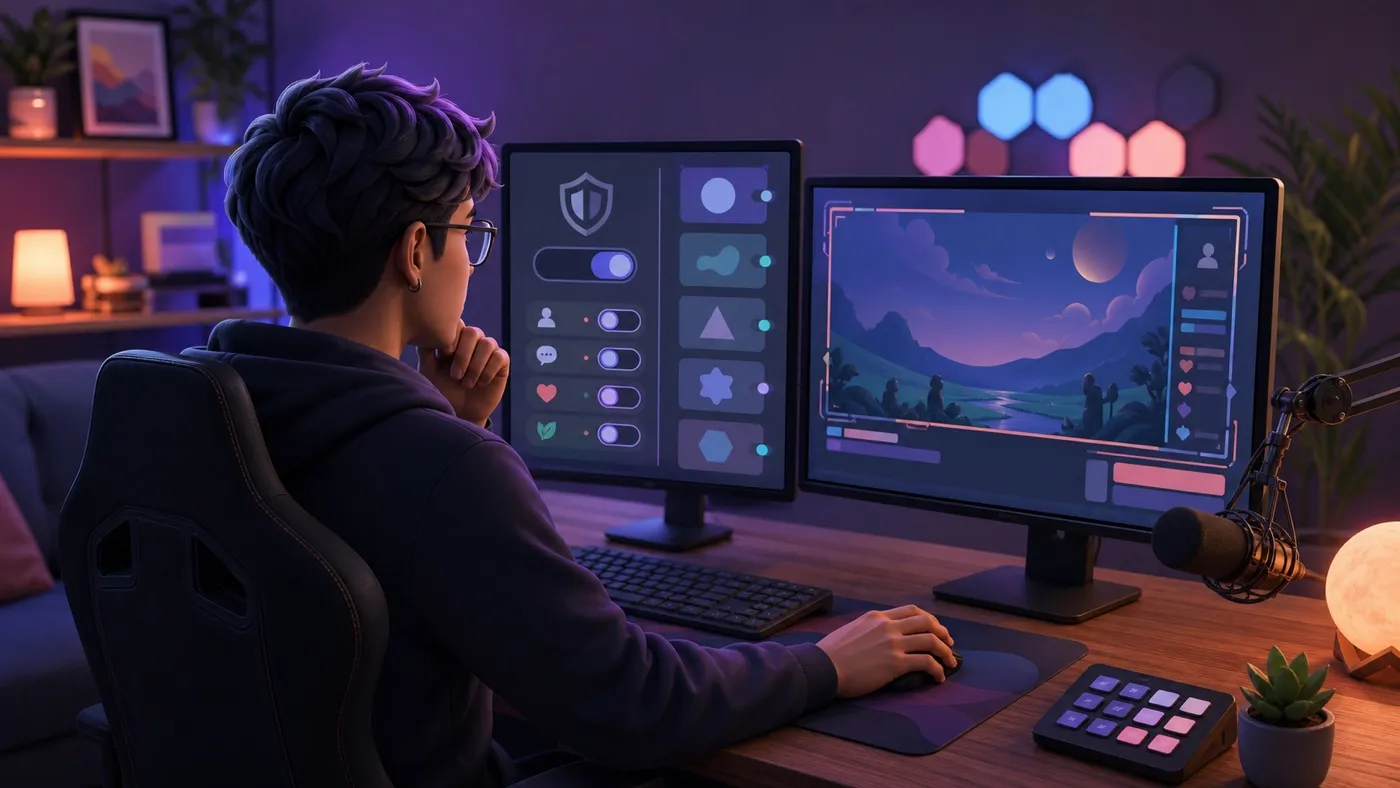 Pessoa diante de dois monitores com configurações e uma cena de transmissão
