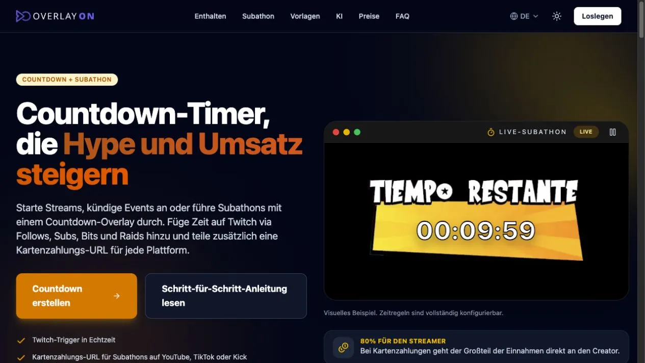 OverlayOn-Seite mit einem Live-Subathon-Countdown und konfigurierbaren Zeitregeln