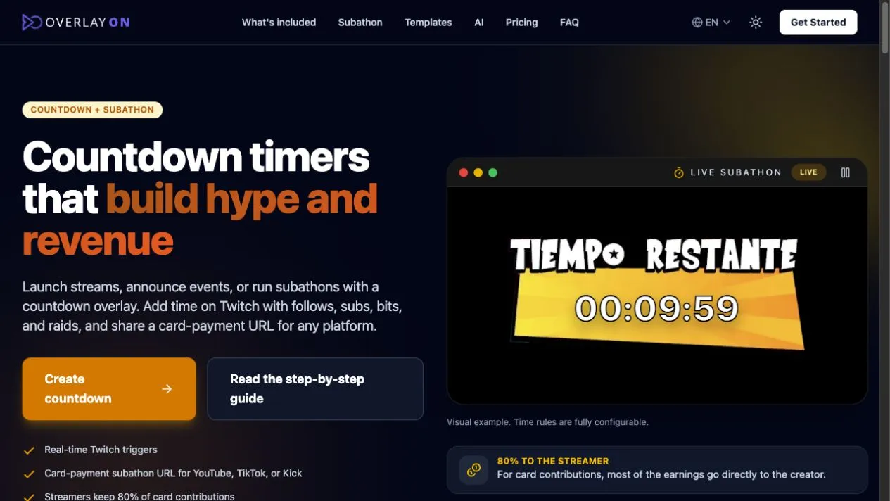 OverlayOn countdown page showing a live subathon timer and configurable time rules