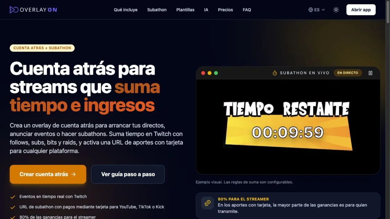 Página de OverlayOn con una cuenta atrás de subathon en directo y reglas de tiempo configurables
