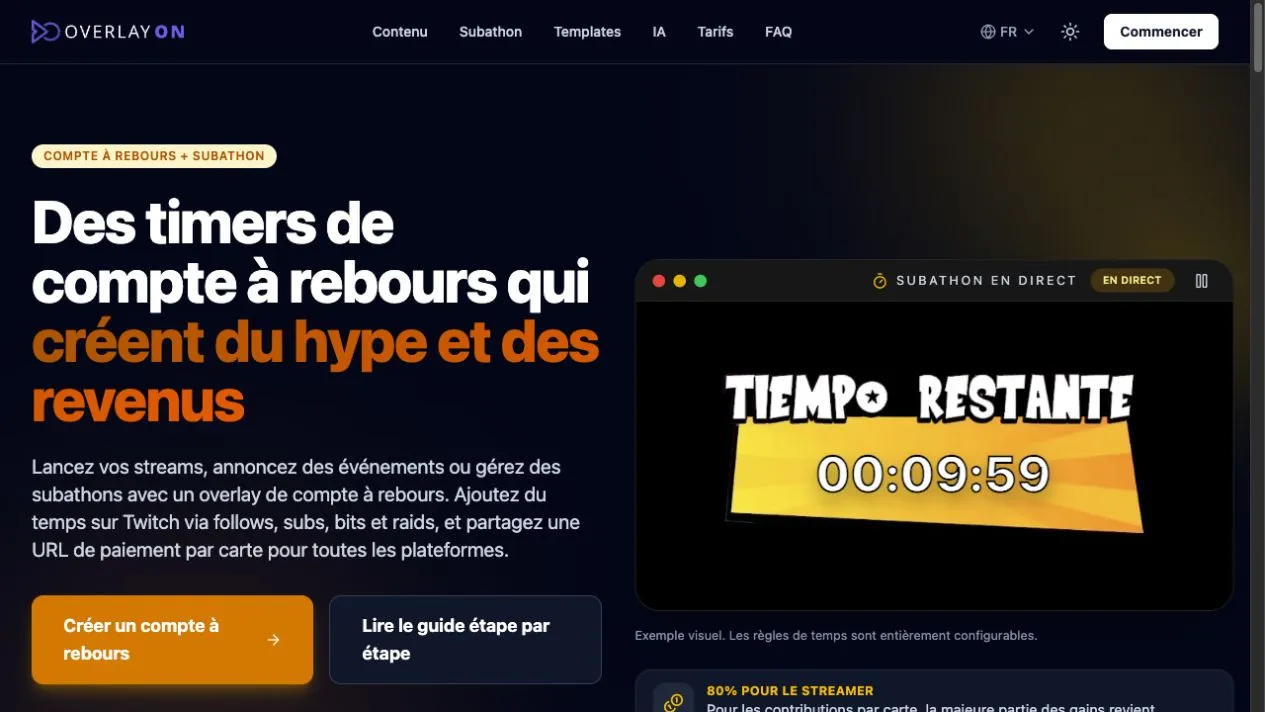 Page OverlayOn avec un compte à rebours de subathon en direct et des règles de temps configurables