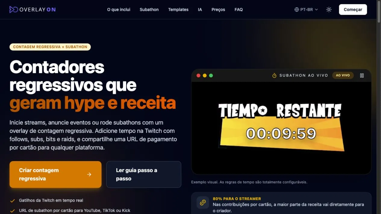Tela do OverlayOn com uma contagem regressiva de subathon ao vivo e regras de tempo configuráveis