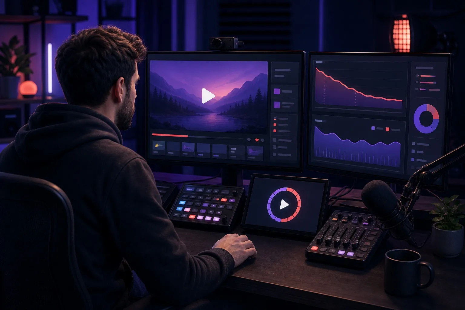 Streamer ante dos monitores con un vídeo, gráficas de audiencia y un temporizador circular